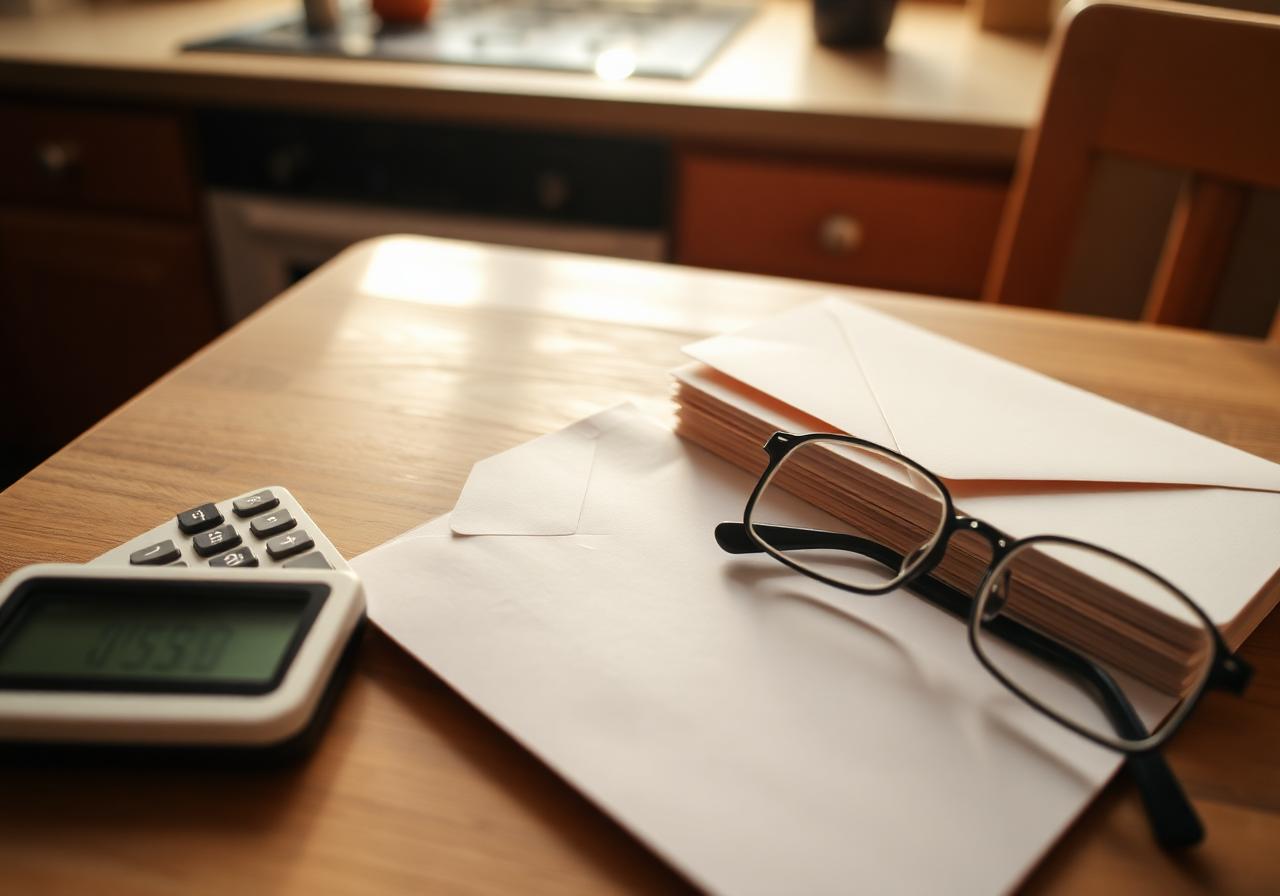Calculator and stack of envelopes on a kitchen table