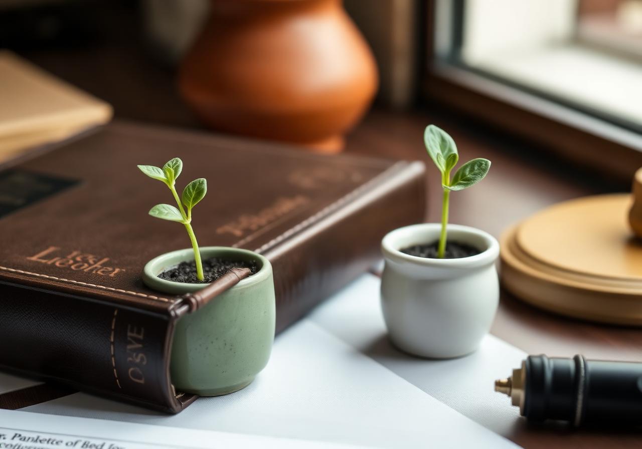 Small green plant sprout next to a leather-bound legal book