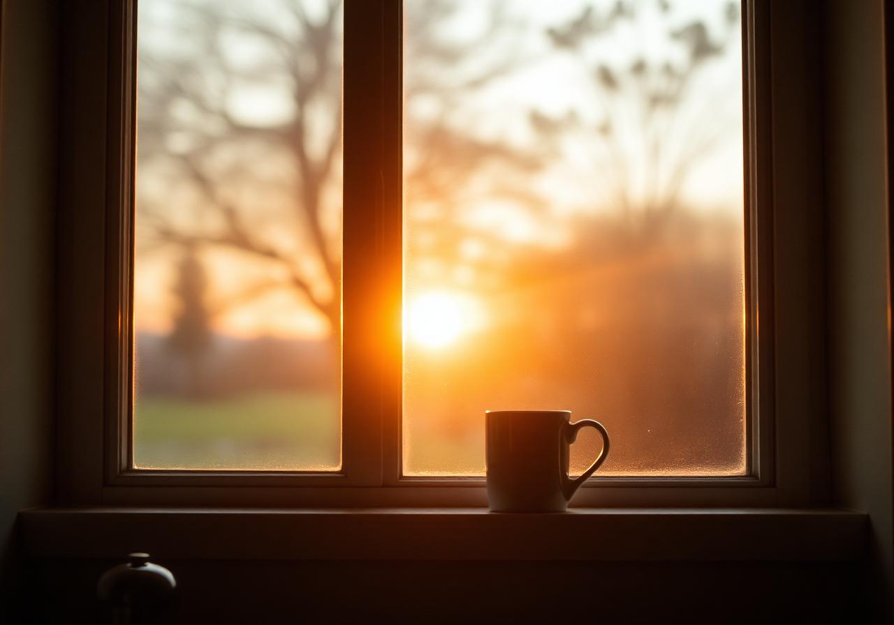 Warm sunrise through a kitchen window with a coffee mug on the sill