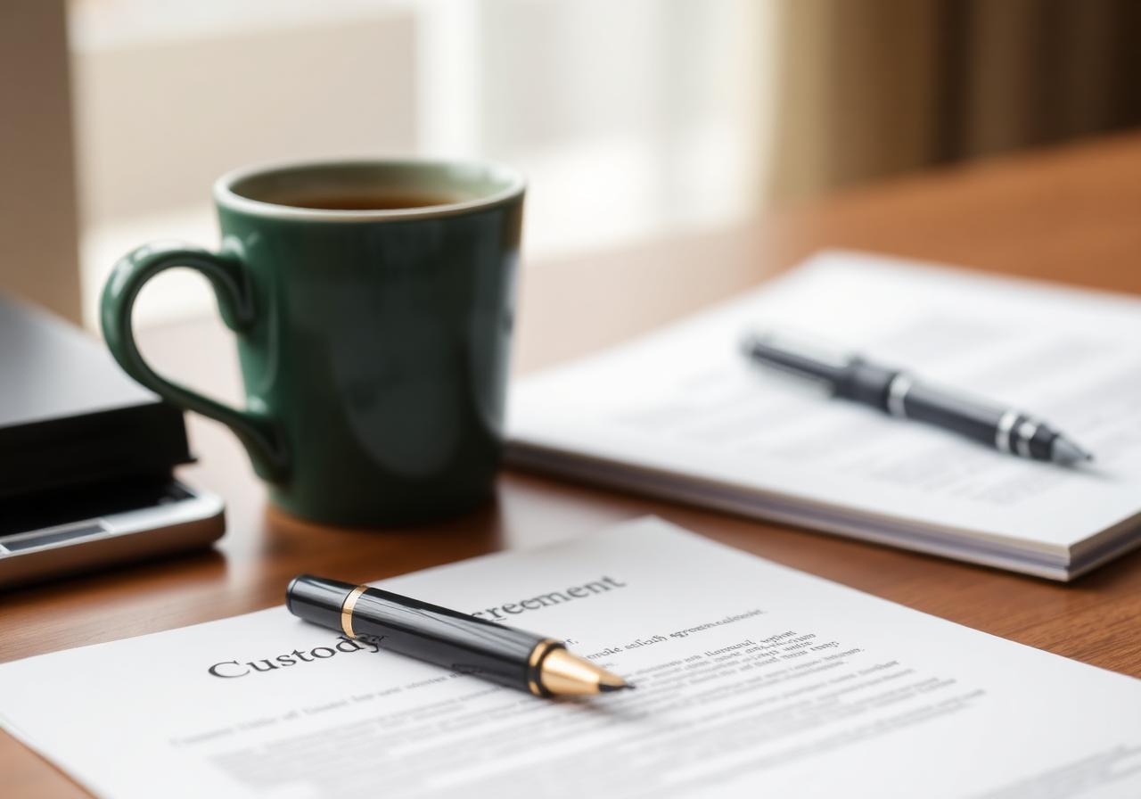 Custody agreement and pen on a wooden desk