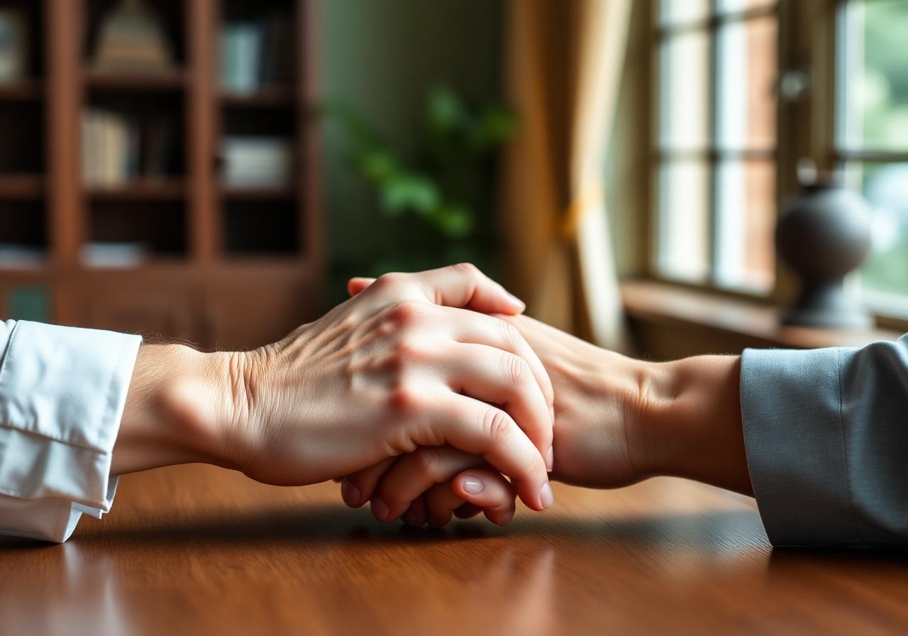 Two adults clasping hands across a table in a quiet office