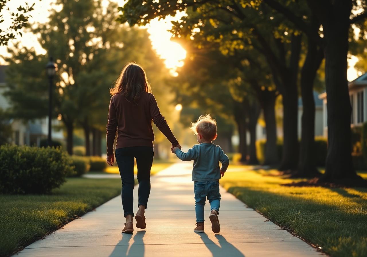 Parent and child walking together on a tree-lined sidewalk