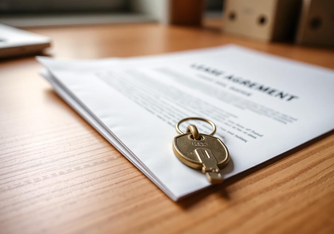 Brass key resting on a lease agreement