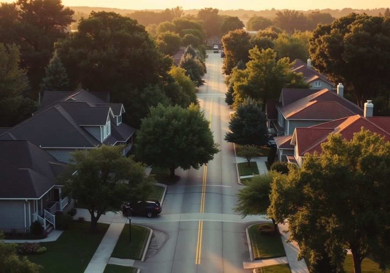 Quiet residential neighborhood at golden hour